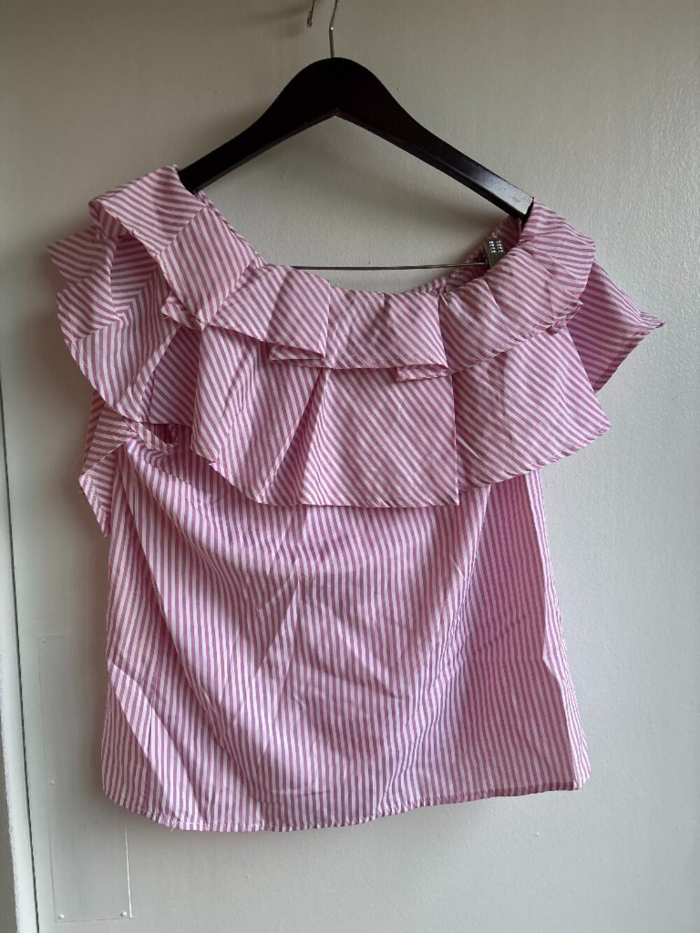 Pink White Striped Off Shoulder Ruffle Top